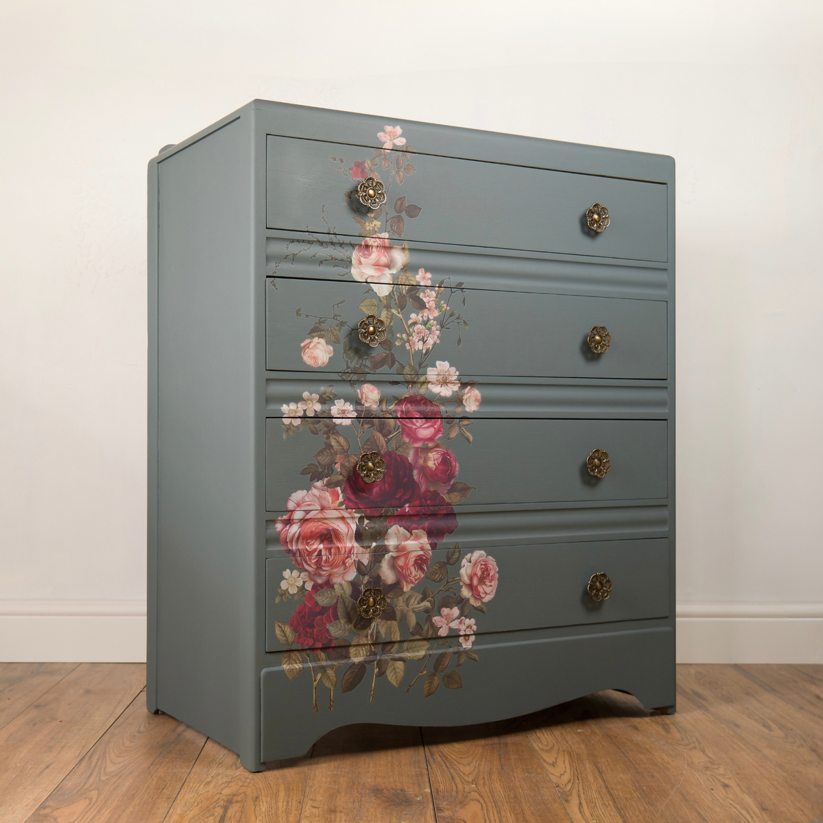 Floral Upcycled Chest of Drawers, Blue Grey Vintage Dresser, Painted Furniture