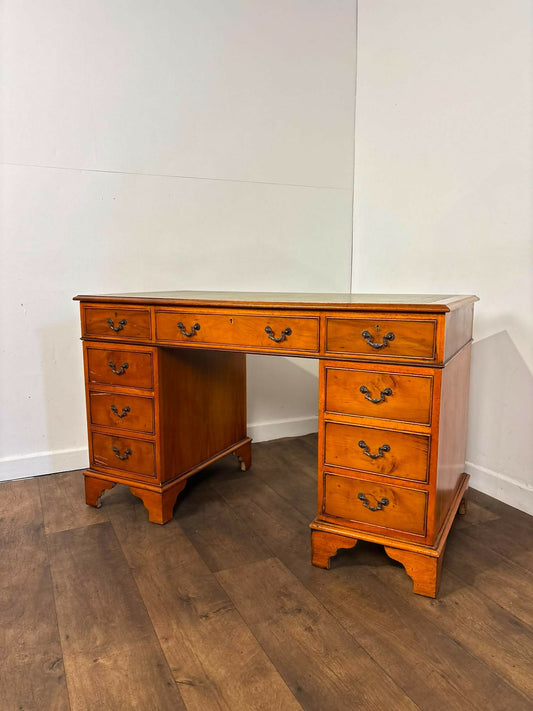 Reproduction Yew Wood Pedestal Desk with Green Leather
