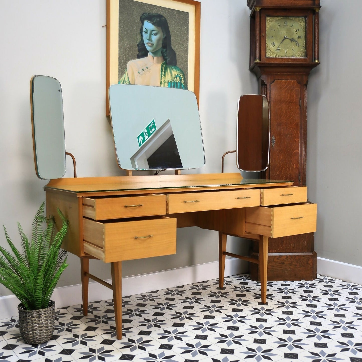Alfred Cox Dressing Table in Walnut for Heals with Triple Mirror and Glass Top.