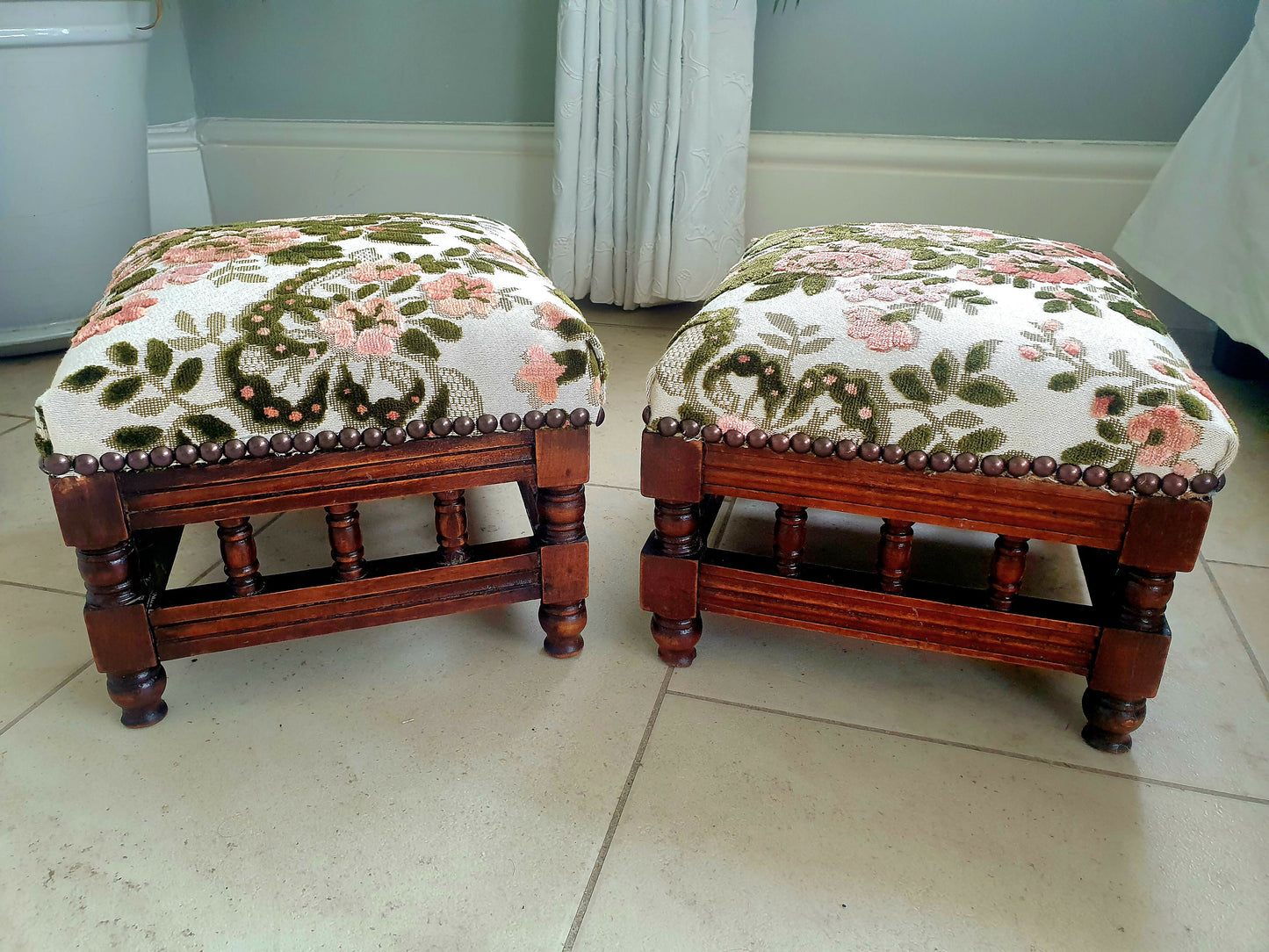 A fine Pair of late Victorian footstools. Repaired, Restored and Reupholsteted in High end French Designer fabric. Oak frames in tact.