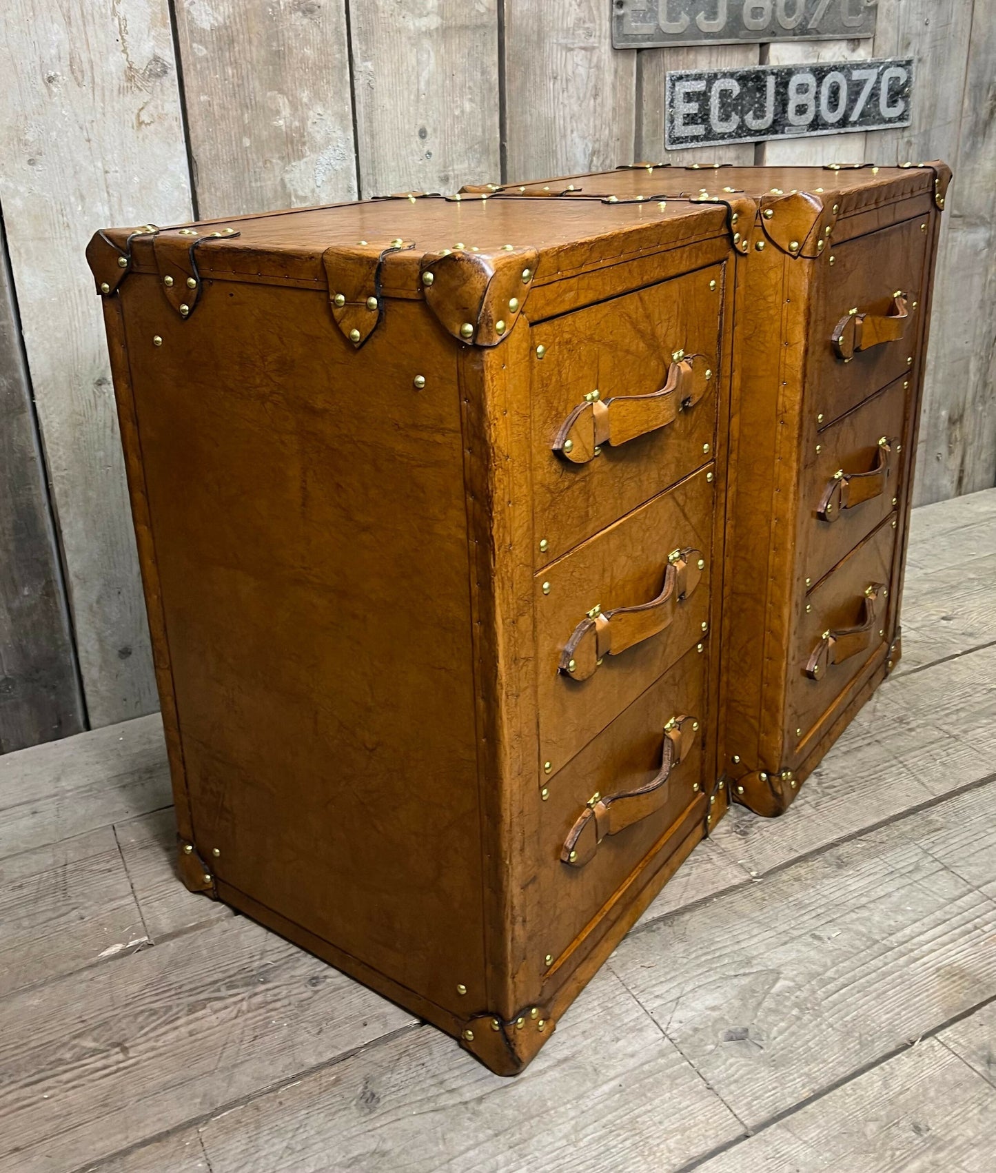 Handmade Bridle Leather Bedside Drawers | His and Hers Set, Hand Dyed in England