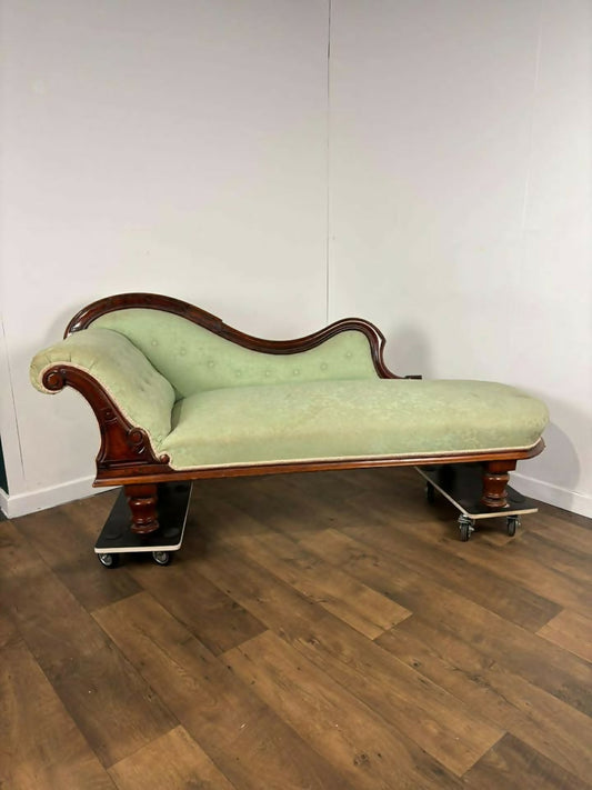 Edwardian Mahogany Framed Chaise Longue with Green Upholstery