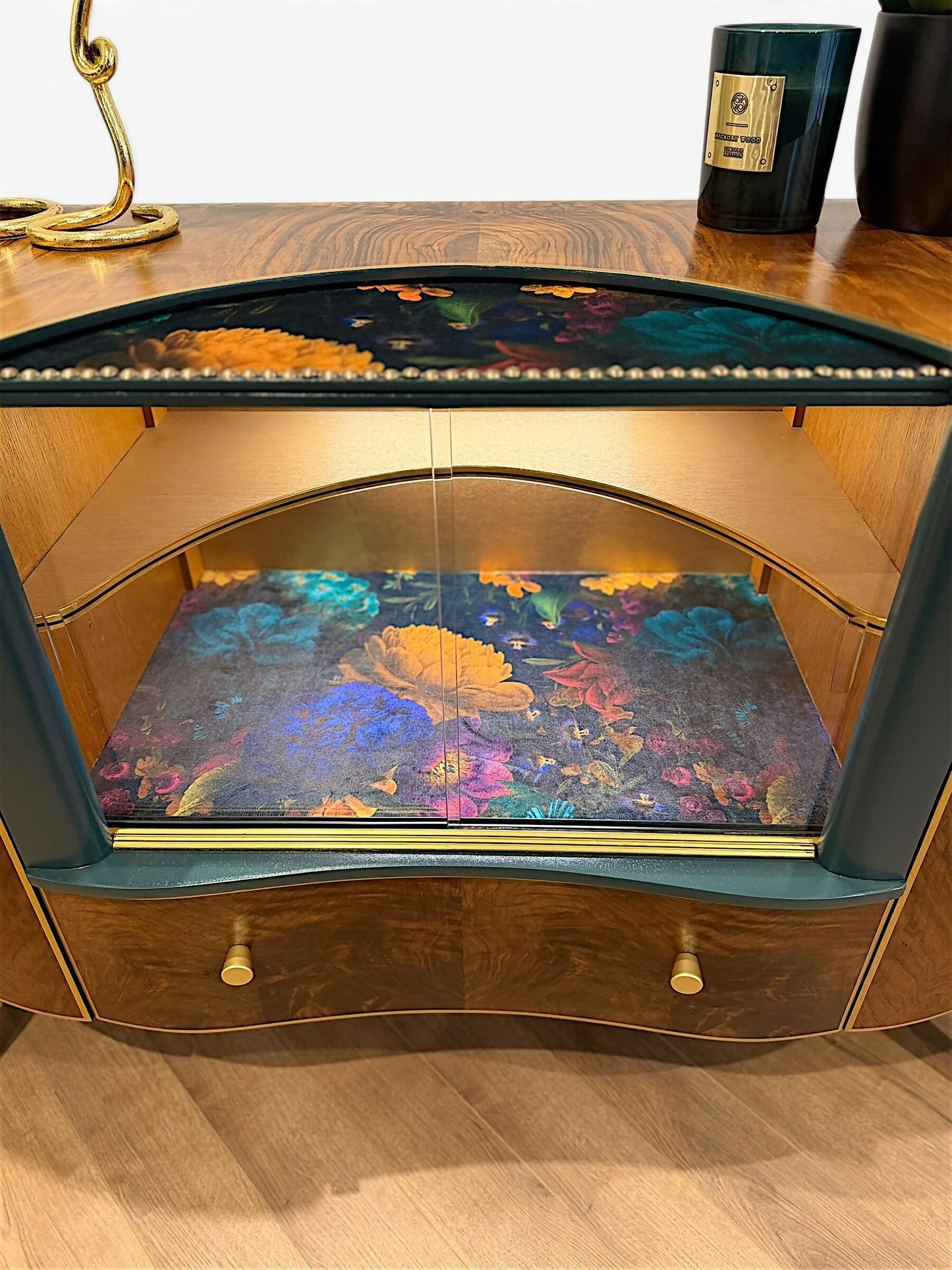 Luxury Art Deco Sideboard | Green Floral Solid Wood | Vintage Refurbished Bespoke Furniture