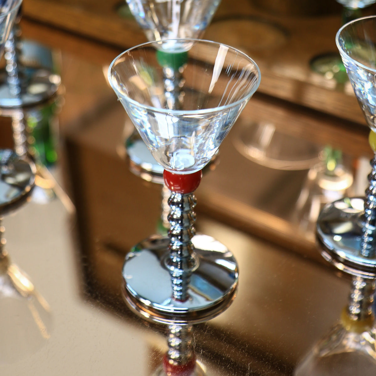 Six Art Deco Cocktail Martini Glasses on Chrome Stems with Coloured Accent Ball