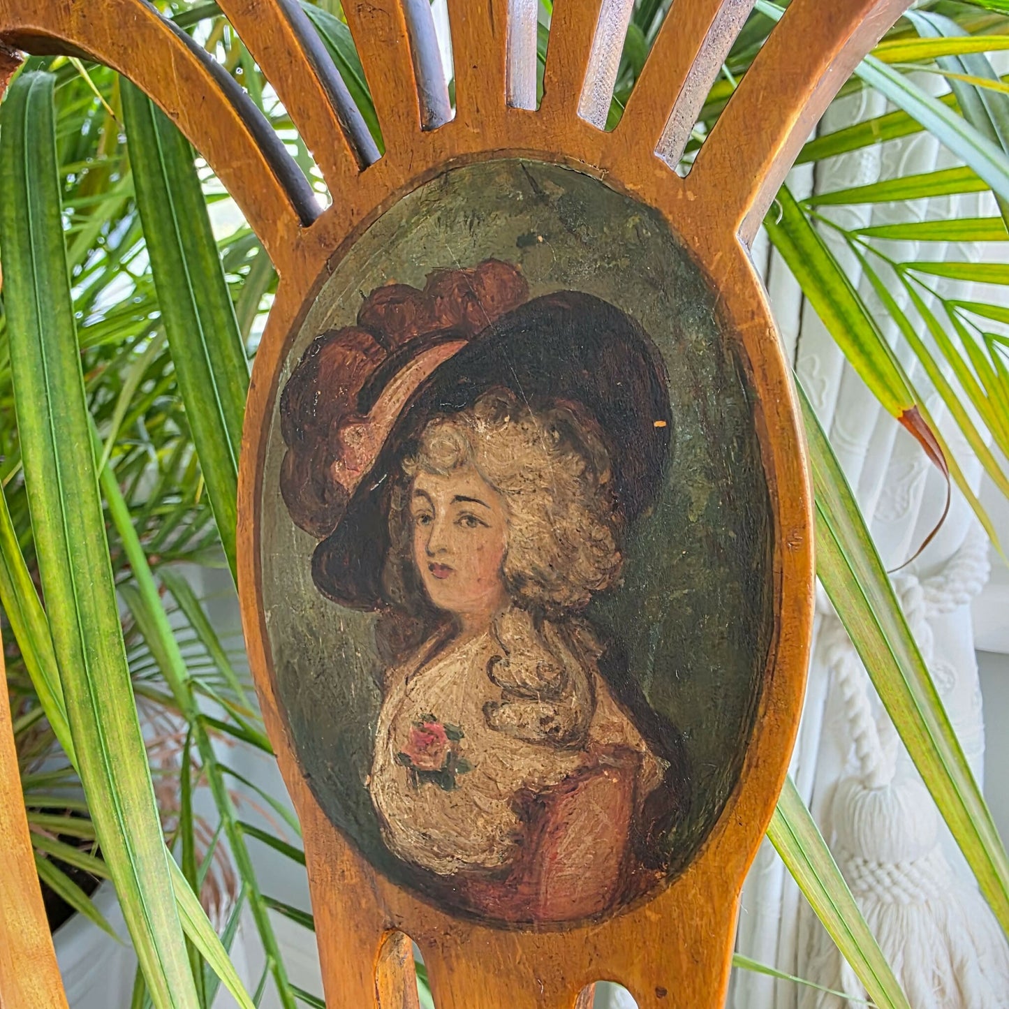 A George III-Style Satinwood Dining / Hall Chair With Hand Painted Portrait . Silk Fabric To Seat.