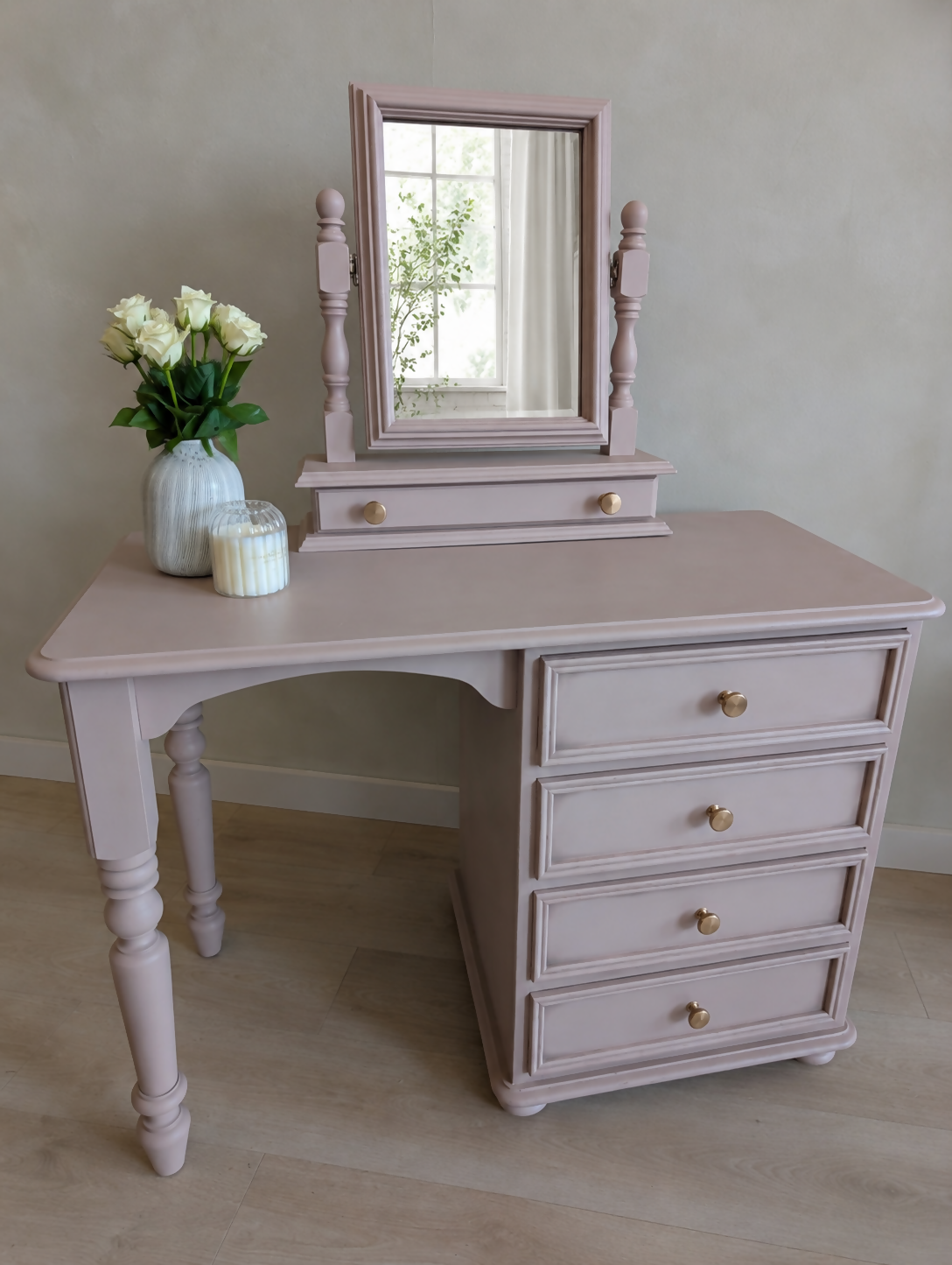 Vintage Dressing Table with Mirror Hand Painted Vanity Desk in a Blush Taupe