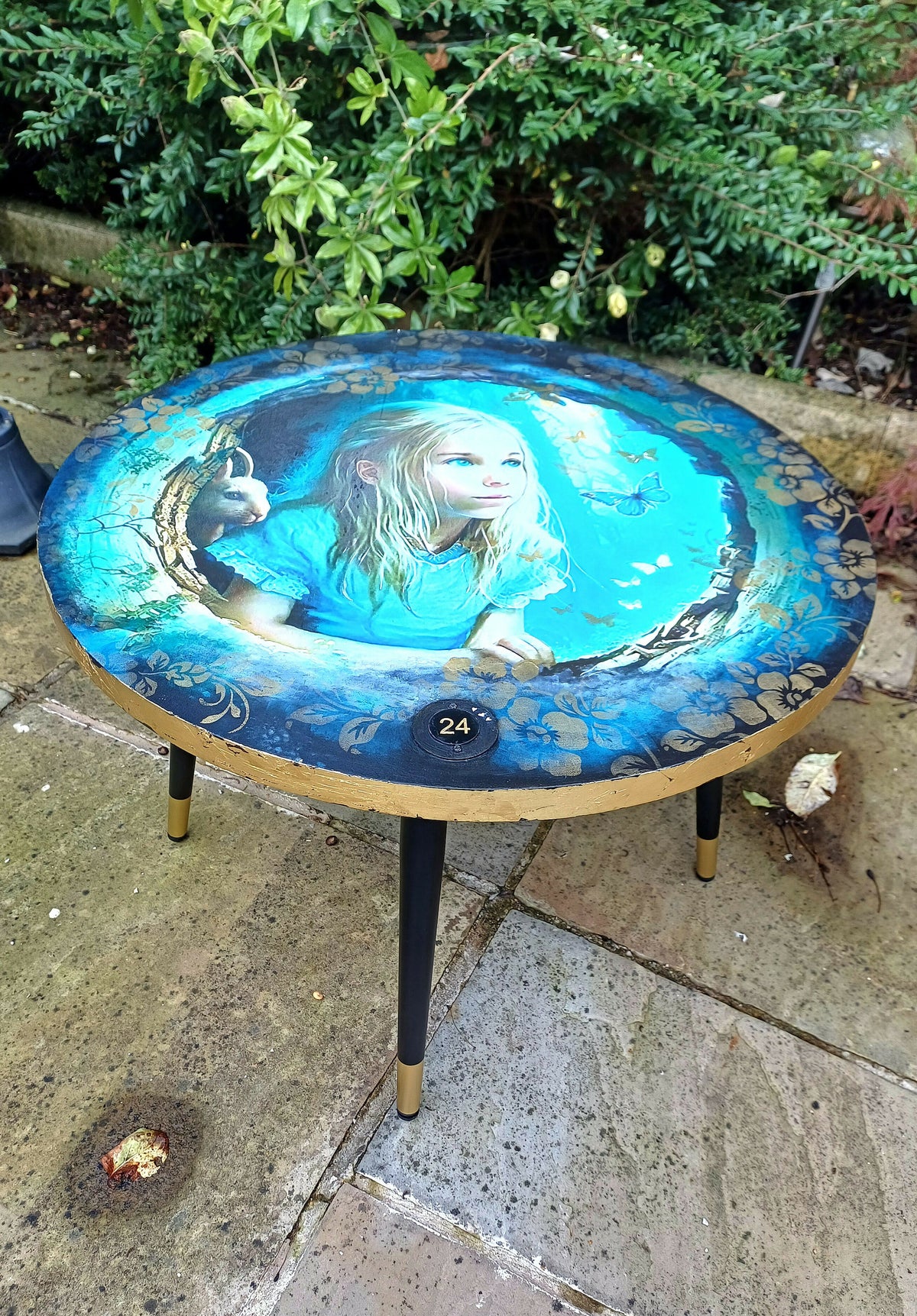 Decoupaged Alice in the Rabbit Hole Coffee Table Upcycled from Old Bar Table