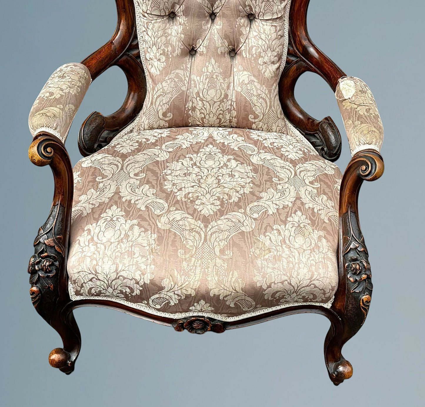 Victorian Walnut Open Armchair With Carved Decoration
