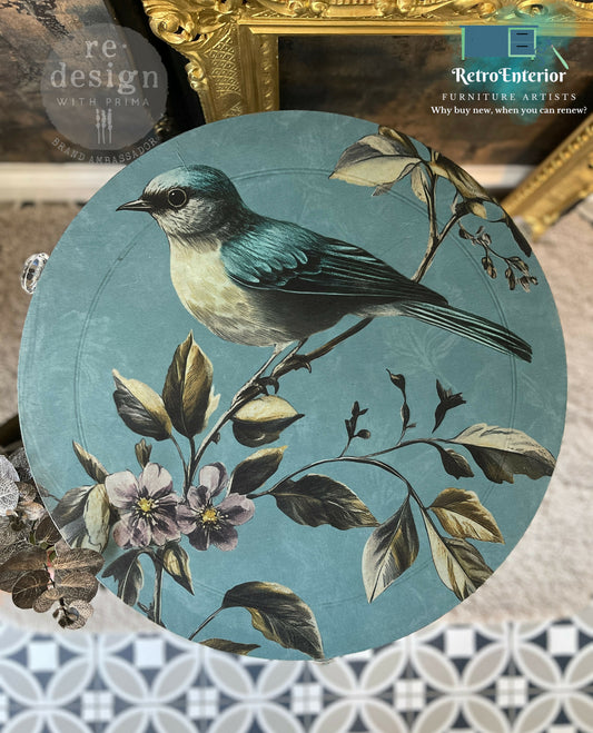 Vintage Round Side Table | Upcycled End Table in Light Blue with Whimsical Floral & Bird Decoupage | Eco-Friendly Painted Accent Table