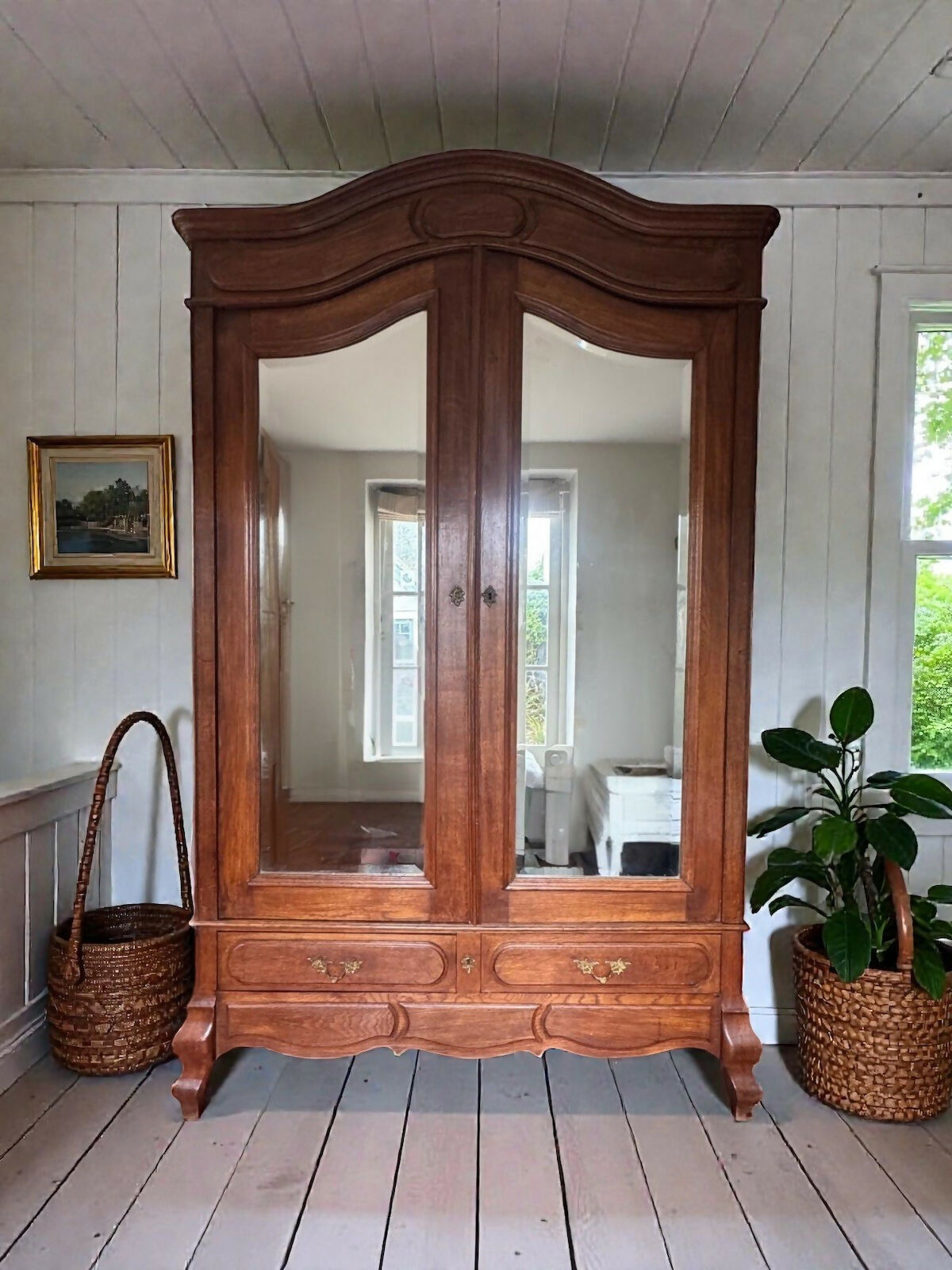Antique Early 1900’s Mirrored Armoire Wardrobe French Oak Knockdown.