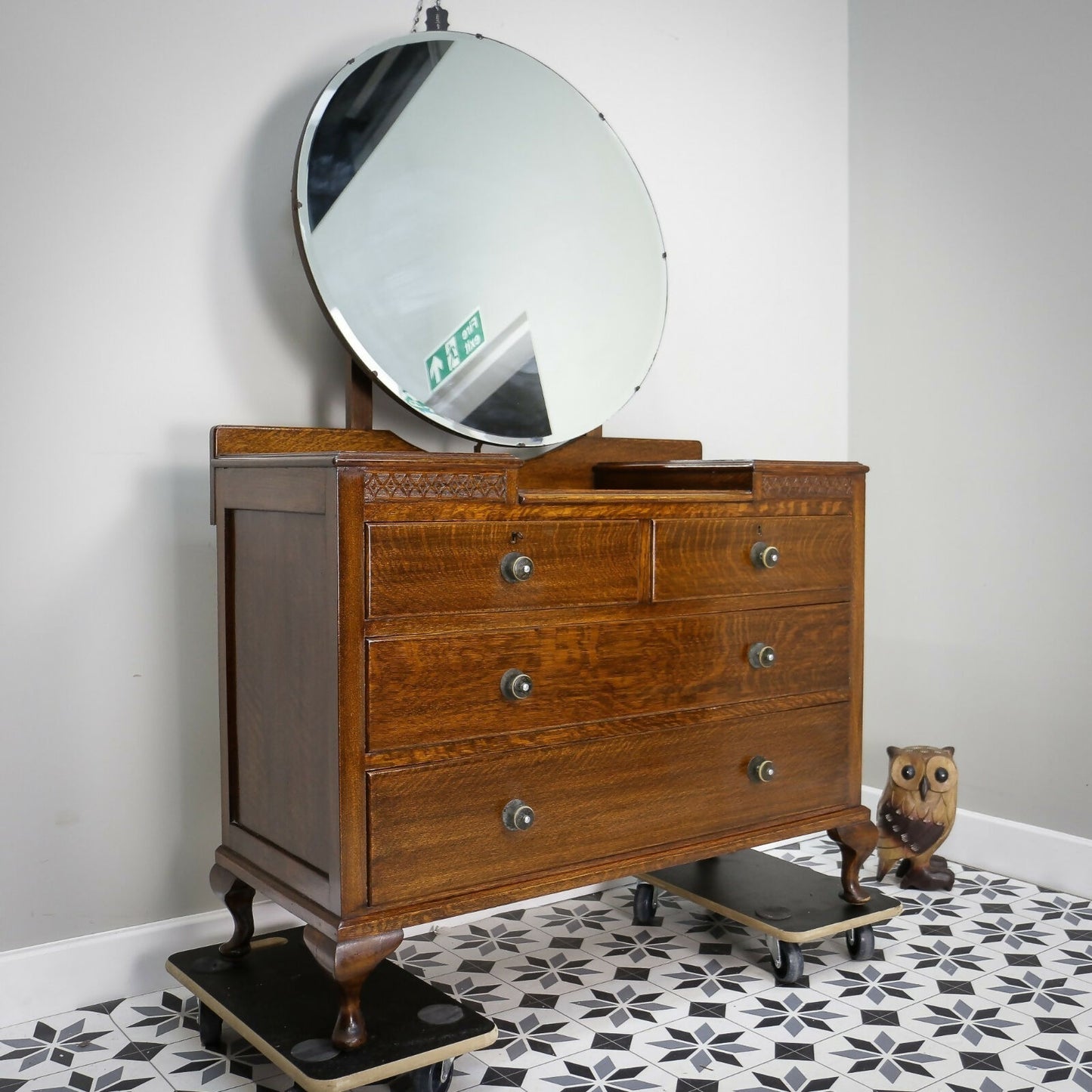 Vintage Carved Oak Dressing Table with Mirror 1930s