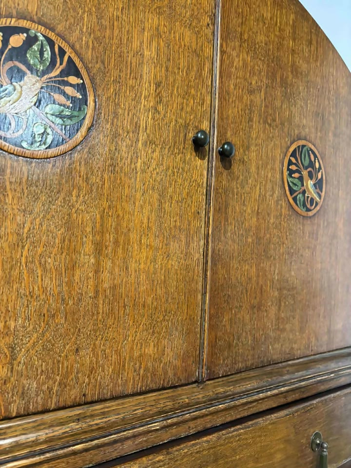 1930s Oak Inlaid Dome Top Tallboy