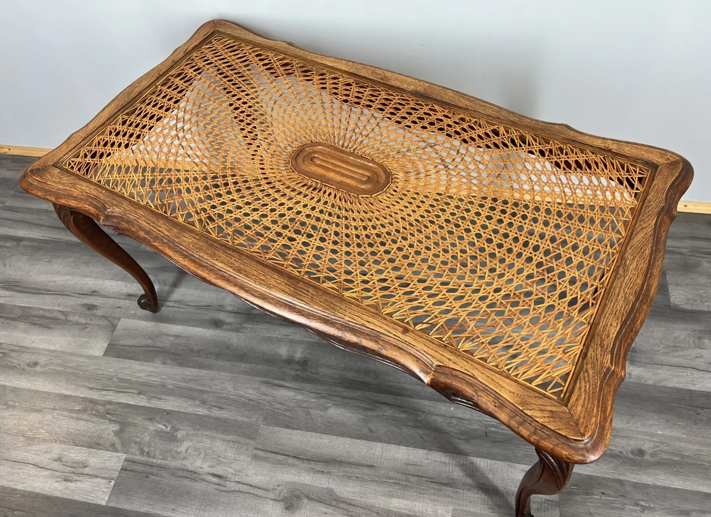 Coffee Table Vintage French Louis XV Cane Top Oak Carved Table LOT 3861