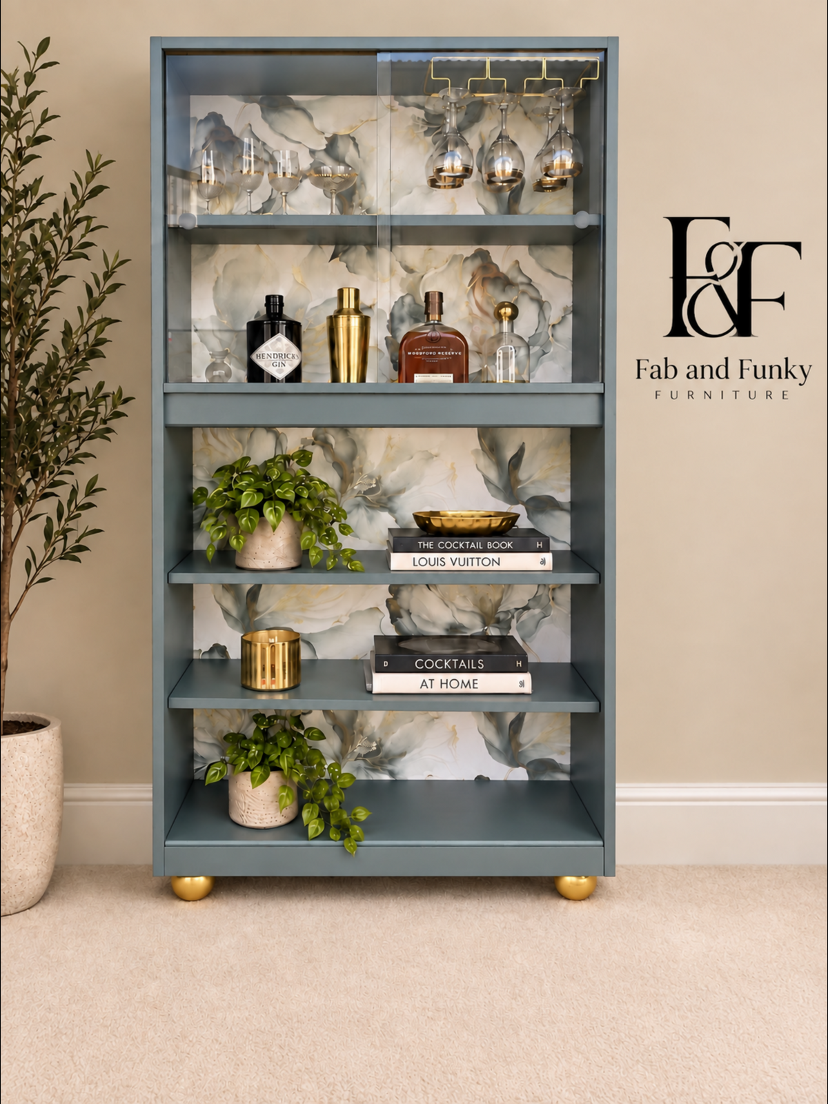 Retro G Plan Cocktail Cabinet | Upcycled Drinks Cabinet | Mid Century Display Cabinet | Glass Bar Cabinet | Green & Gold