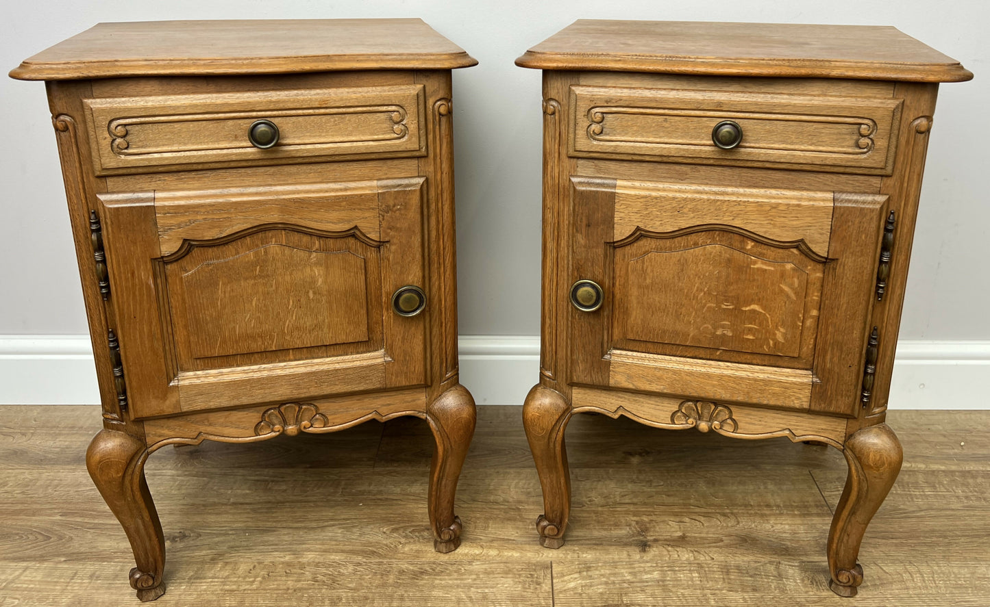 Pair of Bedside Tables Vintage French Louis Oak Nightstands Cabinets LOT 6296
