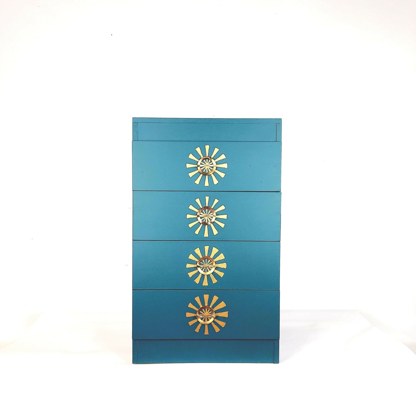 Upcycled hand painted drawers in teal with gold leaf design