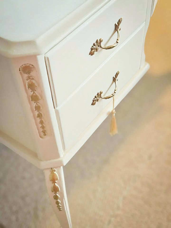 Upcycled French style vintage Cream Dressing Table, vanity with large triple mirror and gold details,