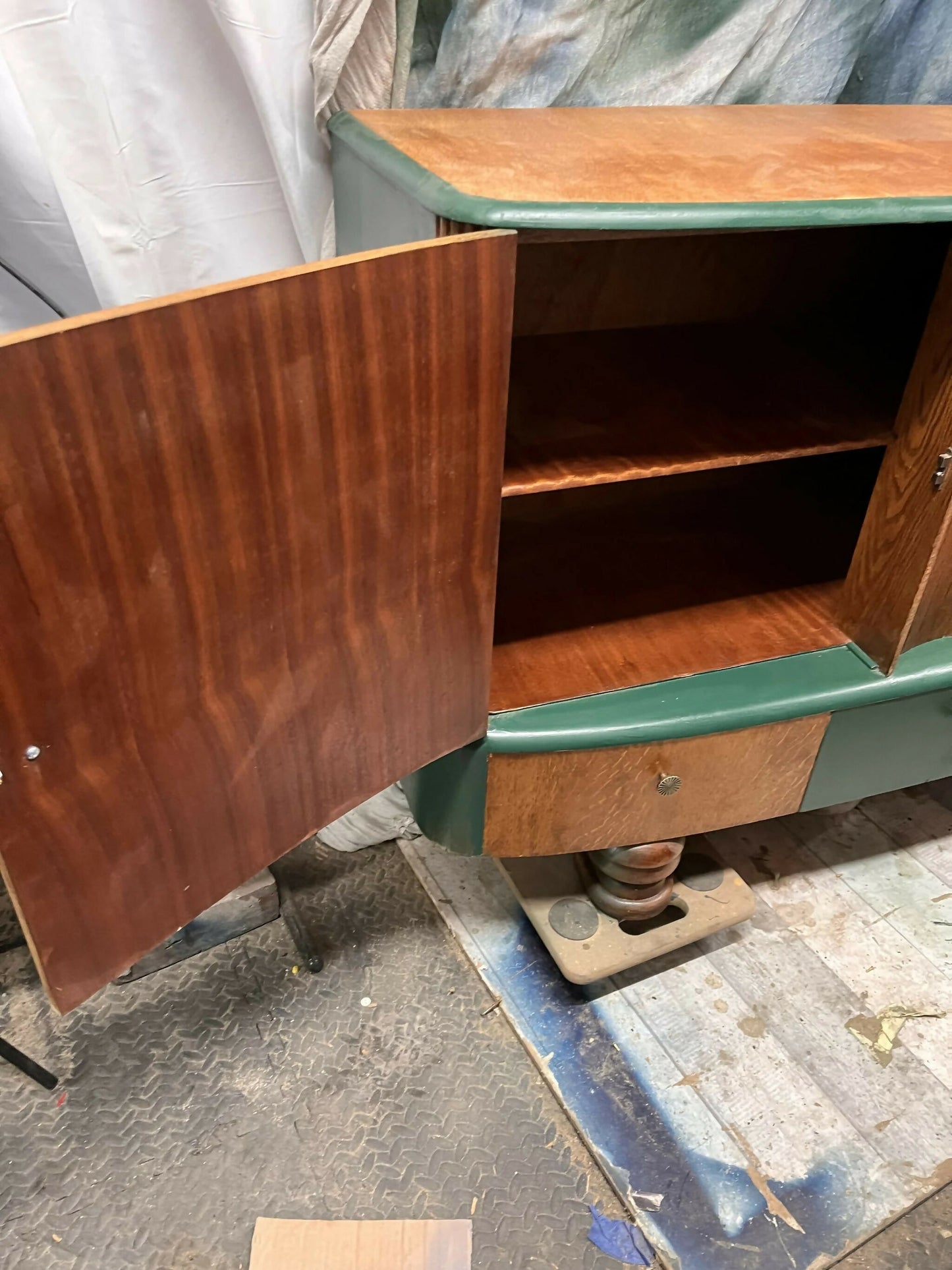 Mid century modern revived sideboard in forest green and oak