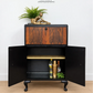 Art Deco Burl Walnut Petit Cocktail Cabinet, Black and Gold, Vintage Drinks Cabinet