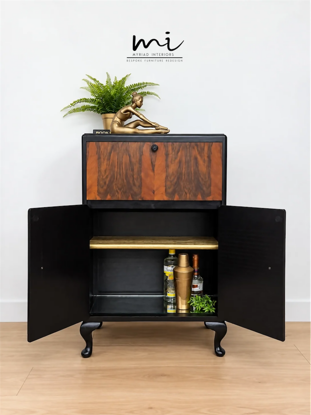 Art Deco Burl Walnut Petit Cocktail Cabinet, Black and Gold, Vintage Drinks Cabinet