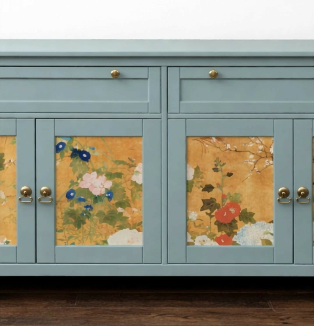 Vintage Oriental Print Pale Blue Sideboard Painted Upcycled Custom Commission