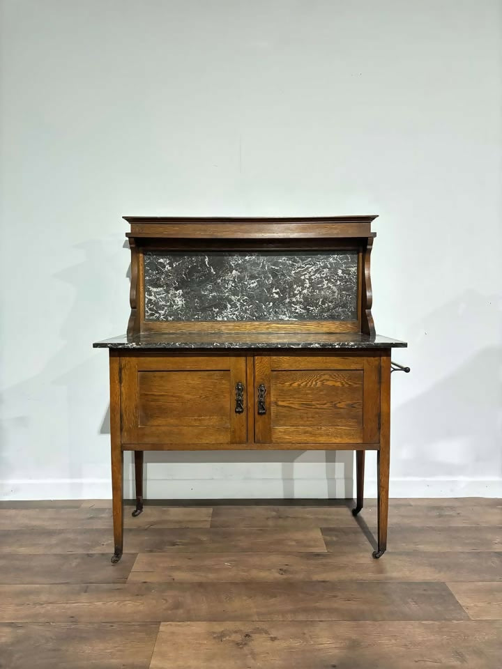 Antique Framed Oak Washstand with Marble Top & Back5