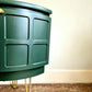 Nathan Mid Century Low Curved Corner Drinks Cabinet in Emerald Green on Gold hairpin Legs