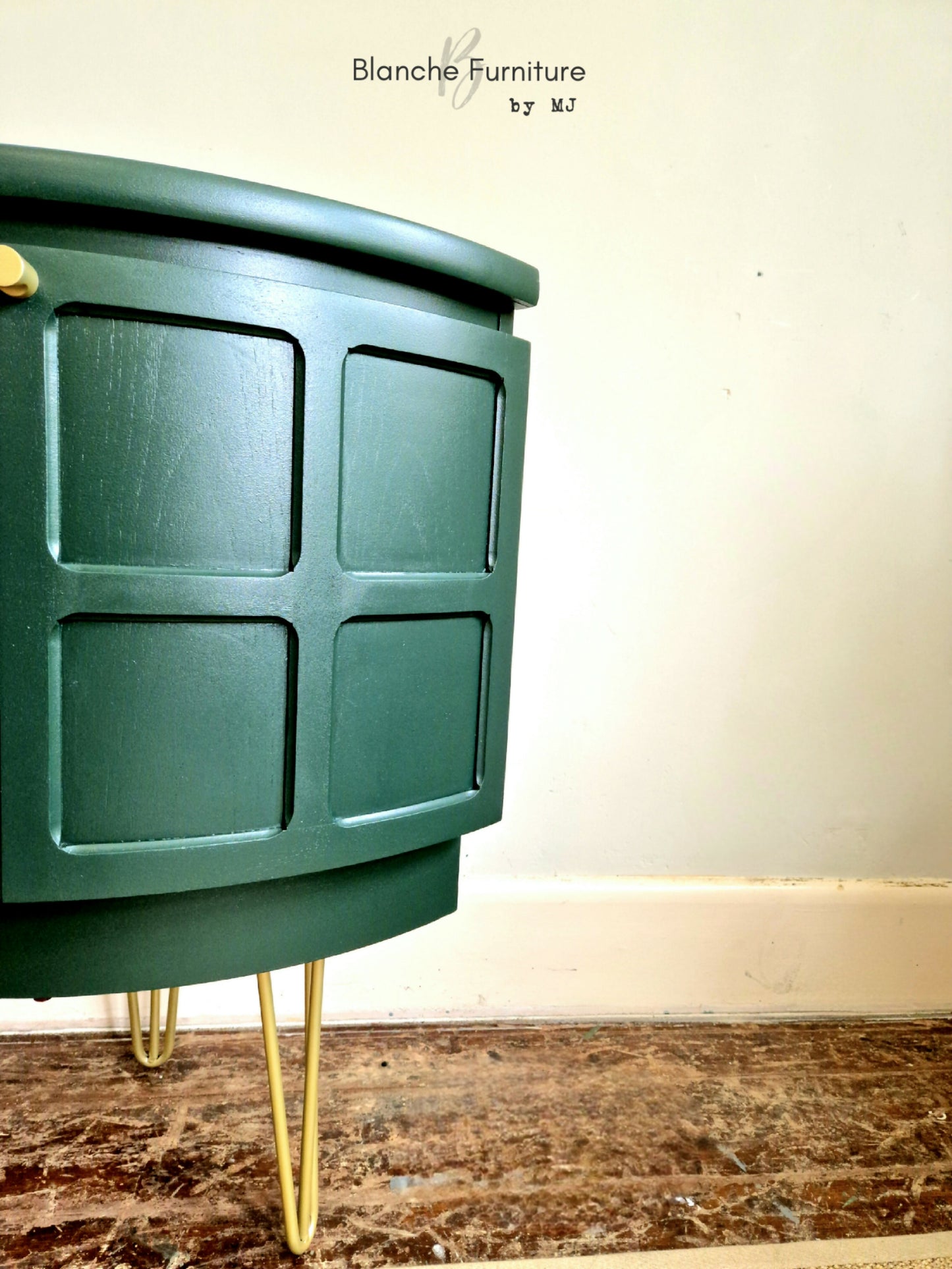 Nathan Mid Century Low Curved Corner Drinks Cabinet in Emerald Green on Gold hairpin Legs