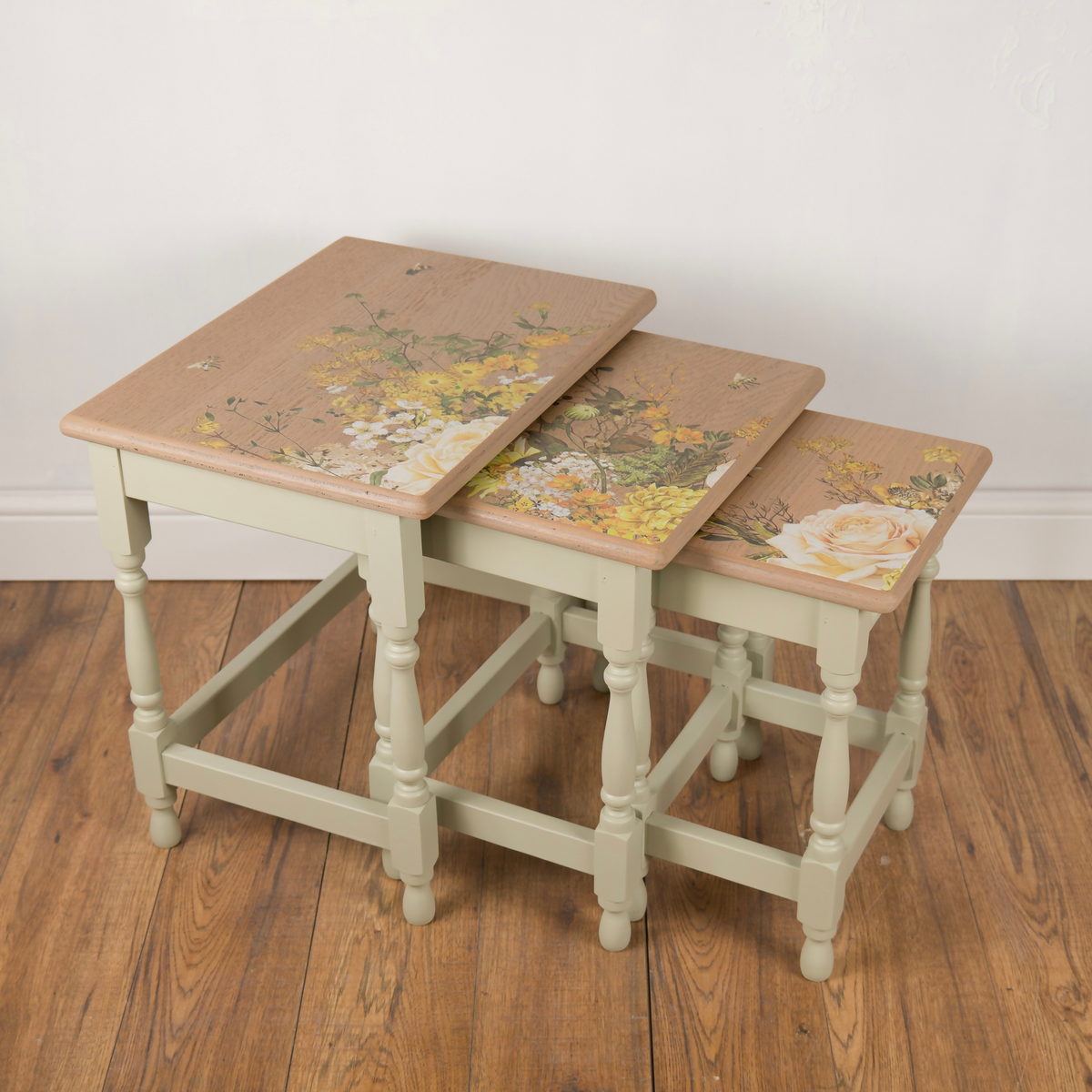 Vintage Oak Floral Nest of Three Tables | Hand Painted Upcycled Sage & Cream Nesting Tables
