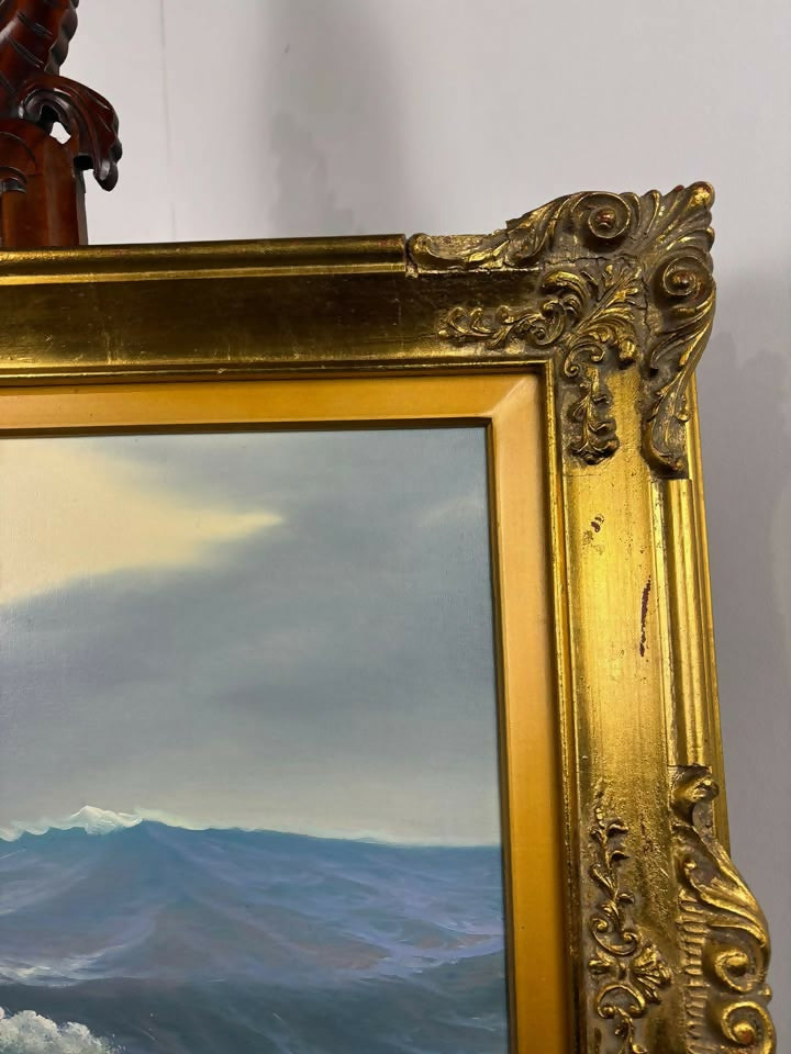 Oil on Canvas Seascape Painting – Signed “Sauli” – Ornate Gilt Frame