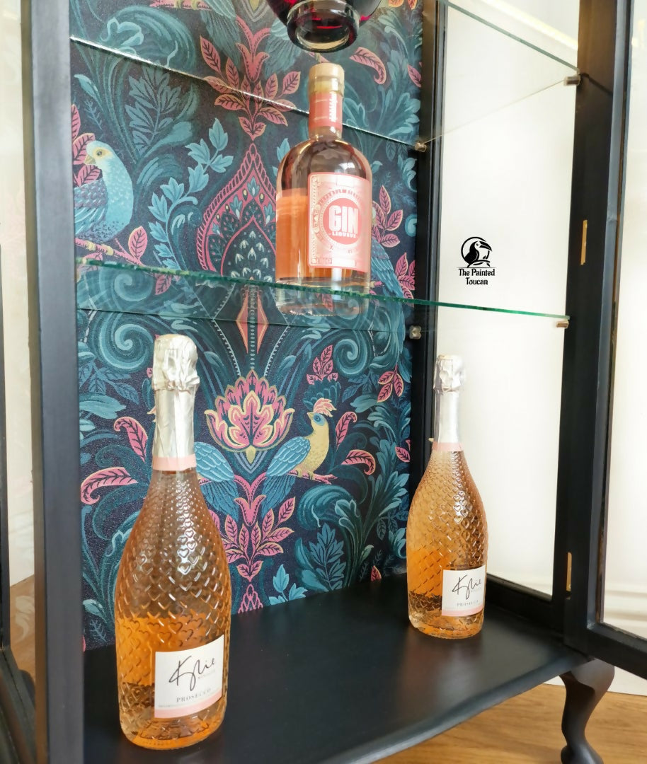 Upcycled Vintage Drinks Cabinet | Painted Dark Navy Tropical Decoupage Glazed Home Bar | Cocktail Cabinet