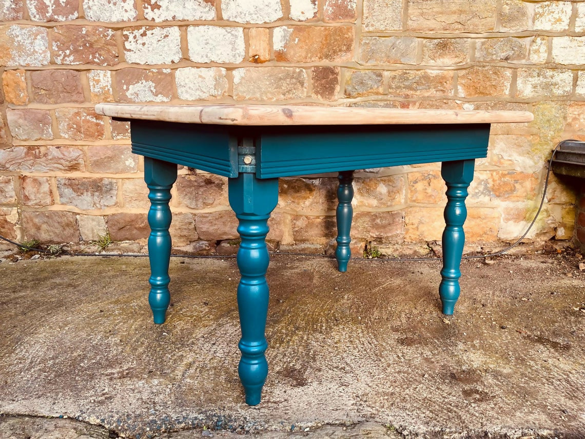 Restored Rectangular Pine Dining Table – Sanded Timber Top & Teal Painted Legs