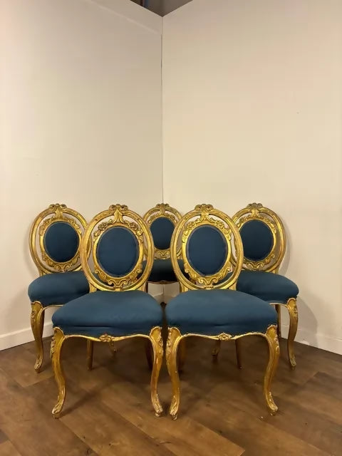 Set of Five Antique French Rococo Style Gilt Dining Chairs