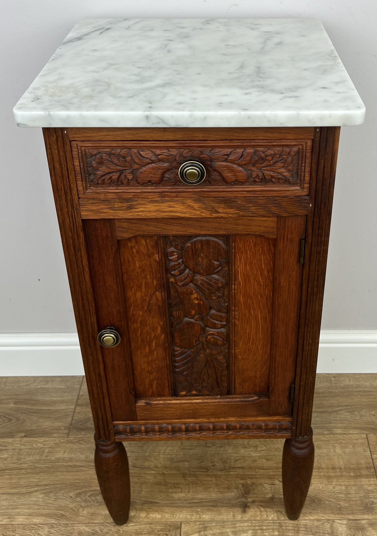 Bedside Table Antique French Style Oak Carved Marble Top Cabinet LOT 6574