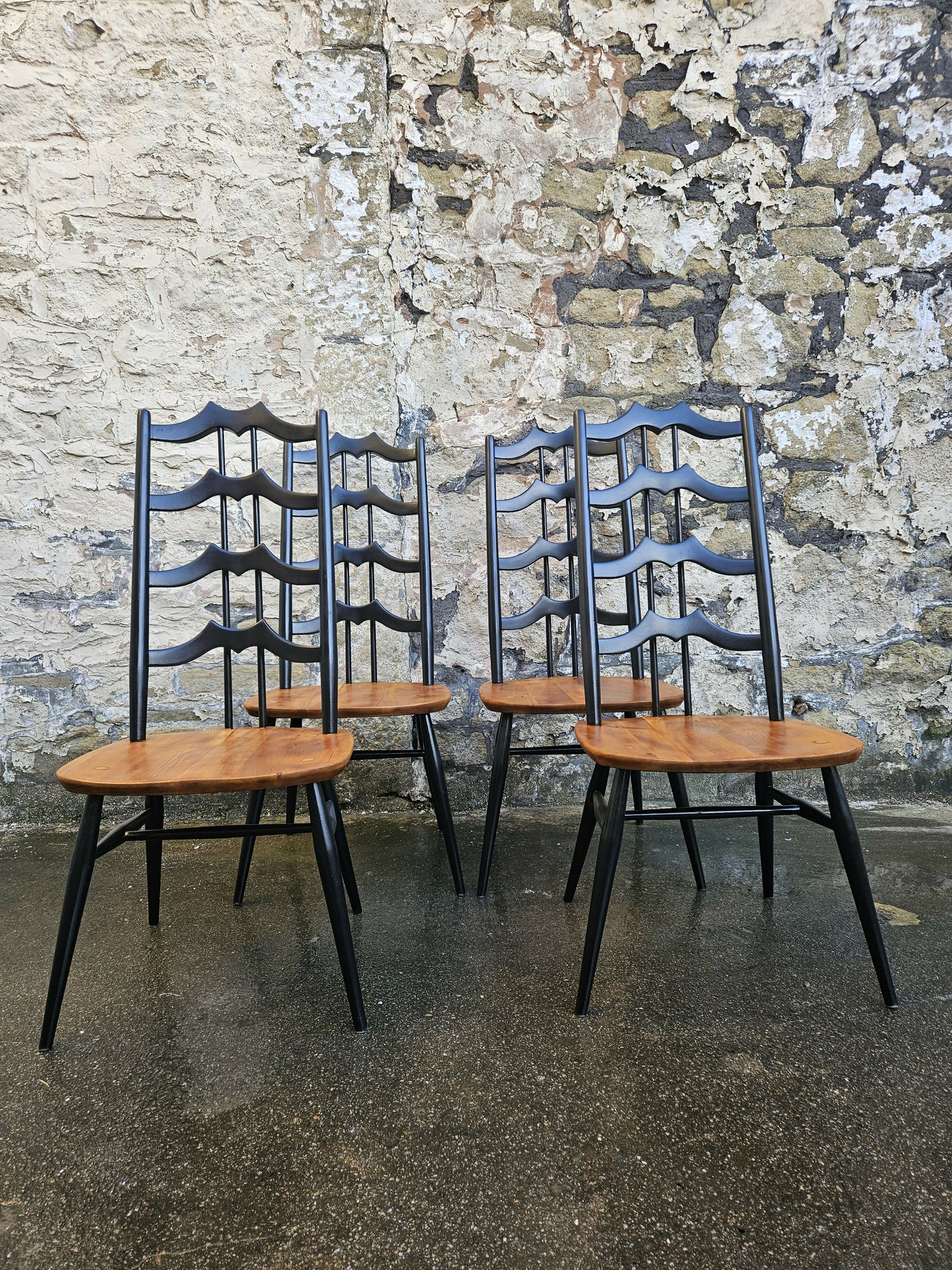 Set Of Four Ercol Batwing Dining Chairs Model Number 496 In Black Super Rare