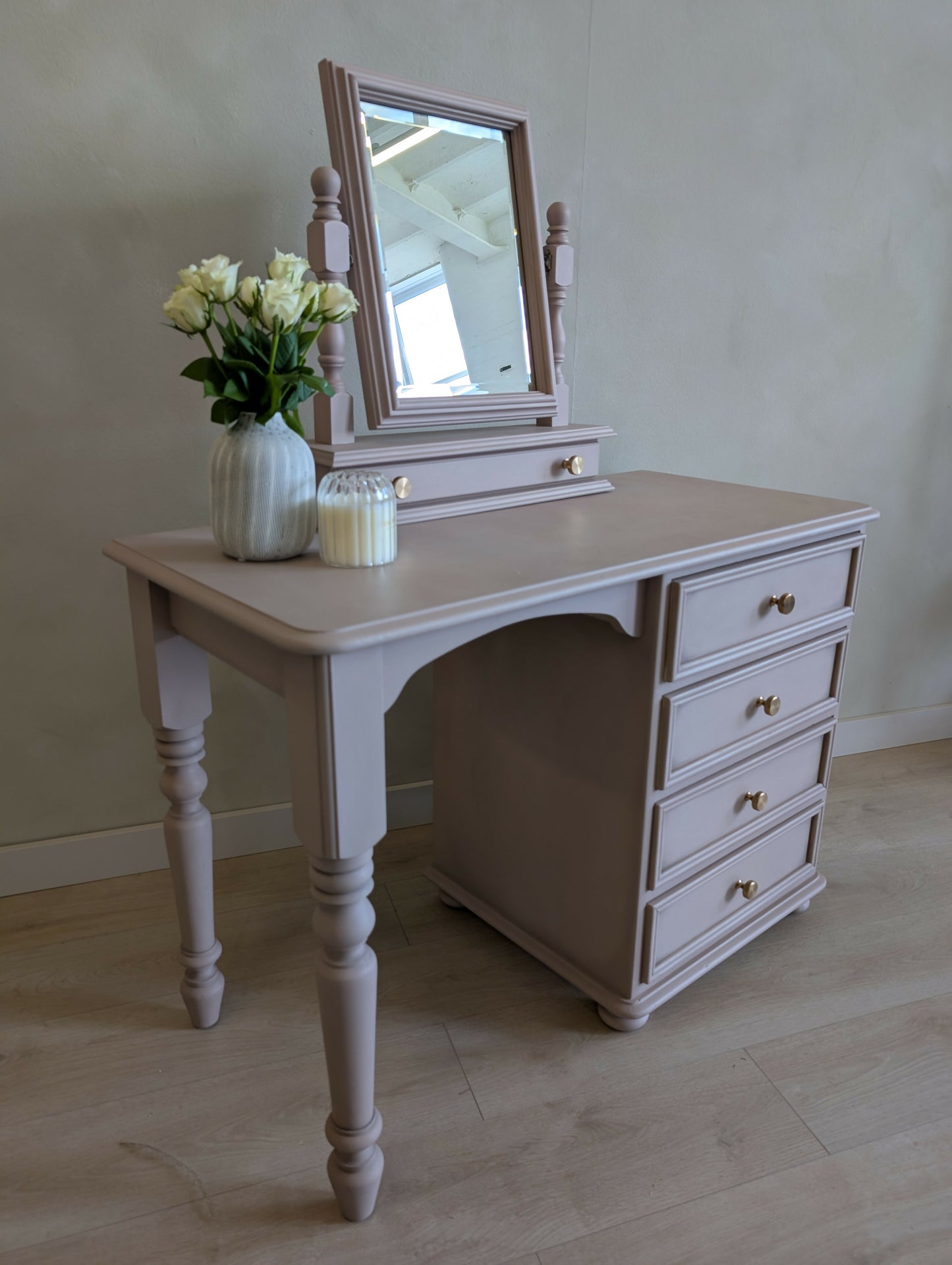 Vintage Dressing Table with Mirror Hand Painted Vanity Desk in a Blush Taupe
