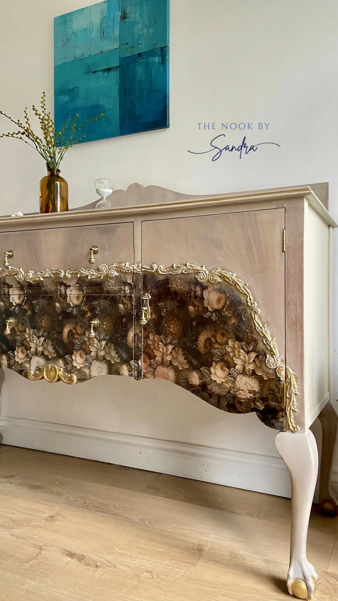 Elegant Upcycled Sideboard •Chateau Wash •Gold moulds •Floral Foil