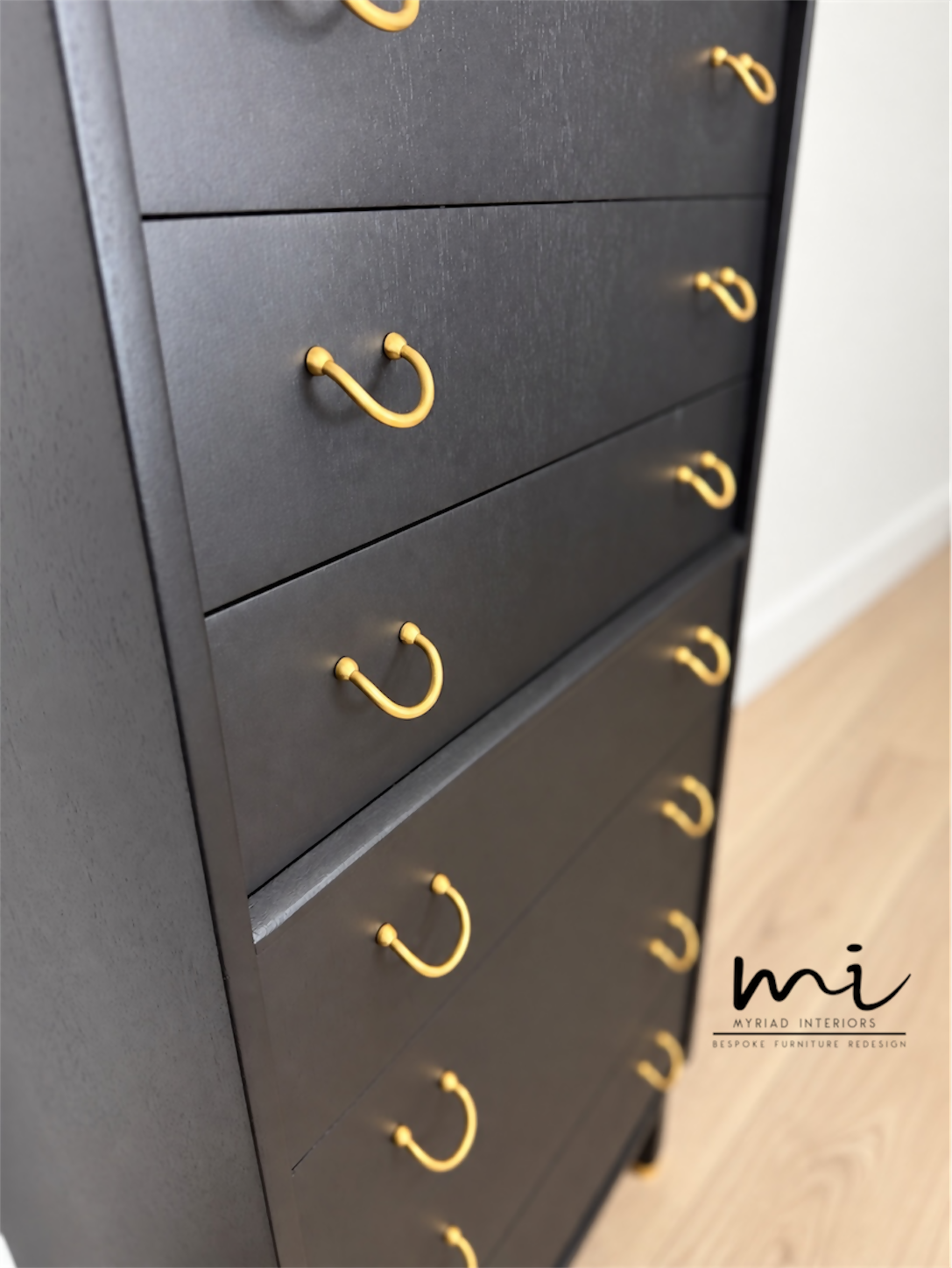 Refurbished Matte Black G Plan E Gomme tallboy chest of drawers, dresser, bedroom furniture, sideboard, brass, mid century modern, Vintage