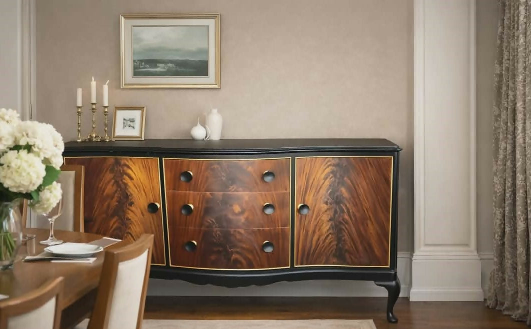 Refined Vintage Flame Mahogany Serpentine Sideboard in black