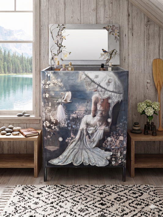 Vintage Tallboy Vanity Chest of Drawers with Hidden Mirror | Romantic Maximalist Dresser, Unique Functional Art, Artisan, Mixed-Media