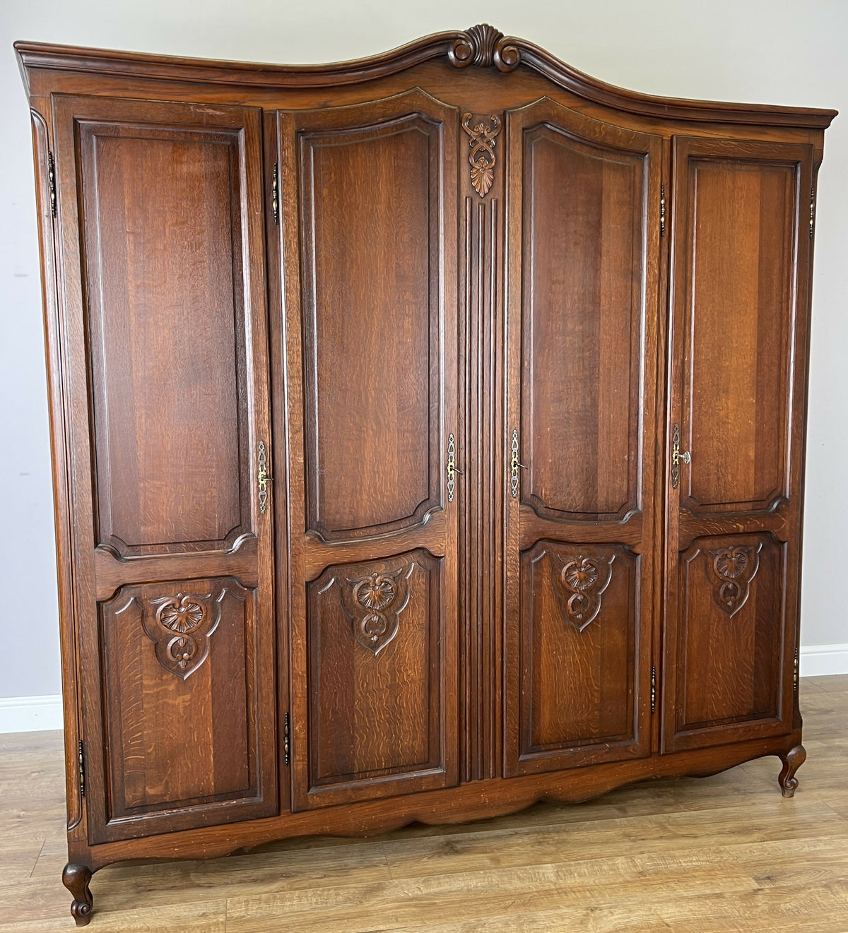 Wardrobe Vintage French Louis XVI Style Oak Four Door Carved Armoire LOT 6502