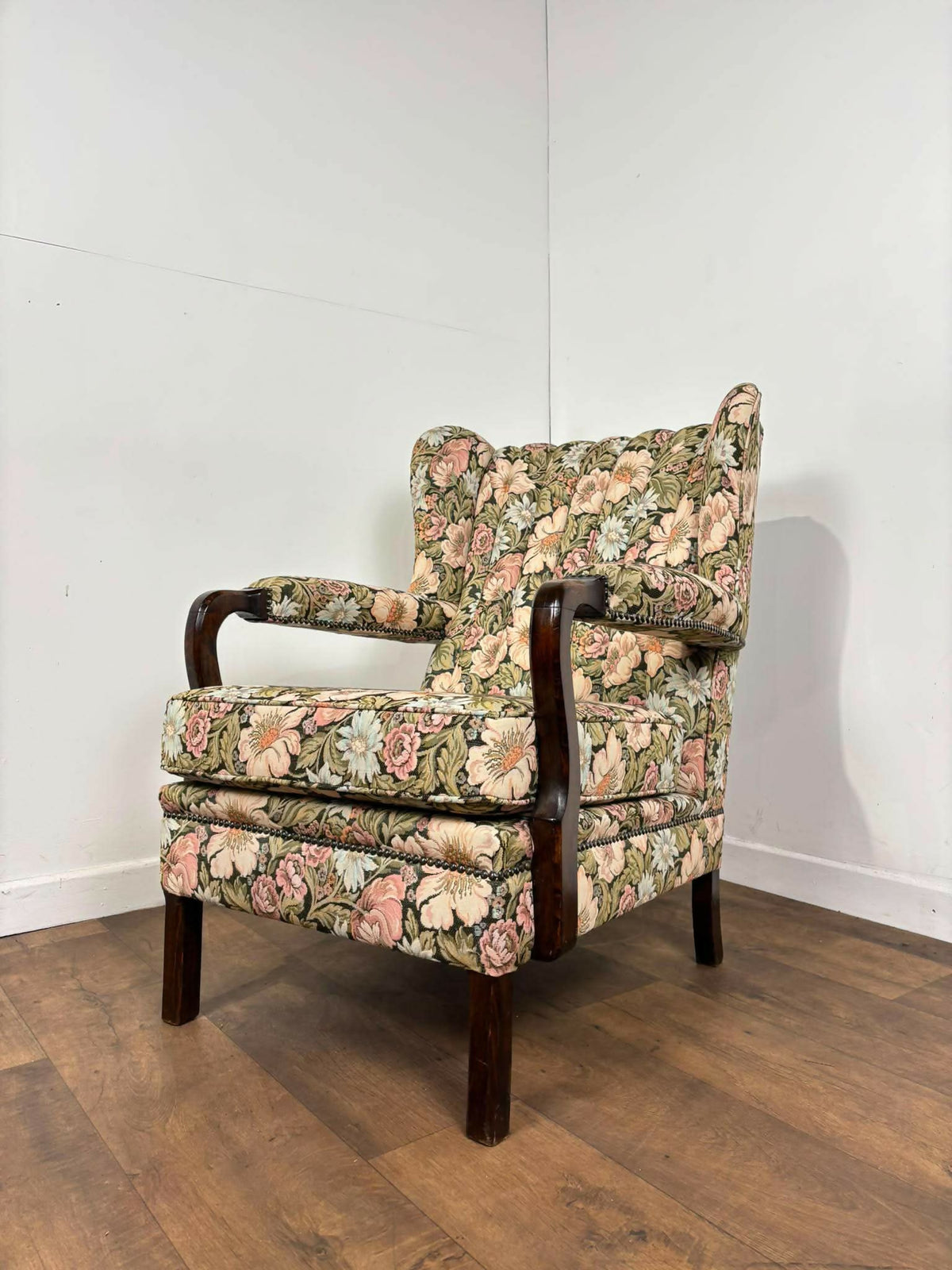 Vintage Reupholstered Floral Wingback Fireside Armchair