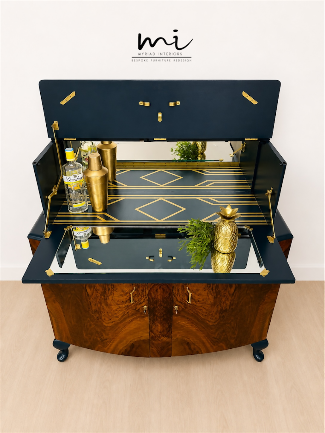 Navy Blue and Gold Art Deco Walnut Drinks Cabinet, cocktail cabinet, 1930s, vintage bar, sideboard, refurbished
