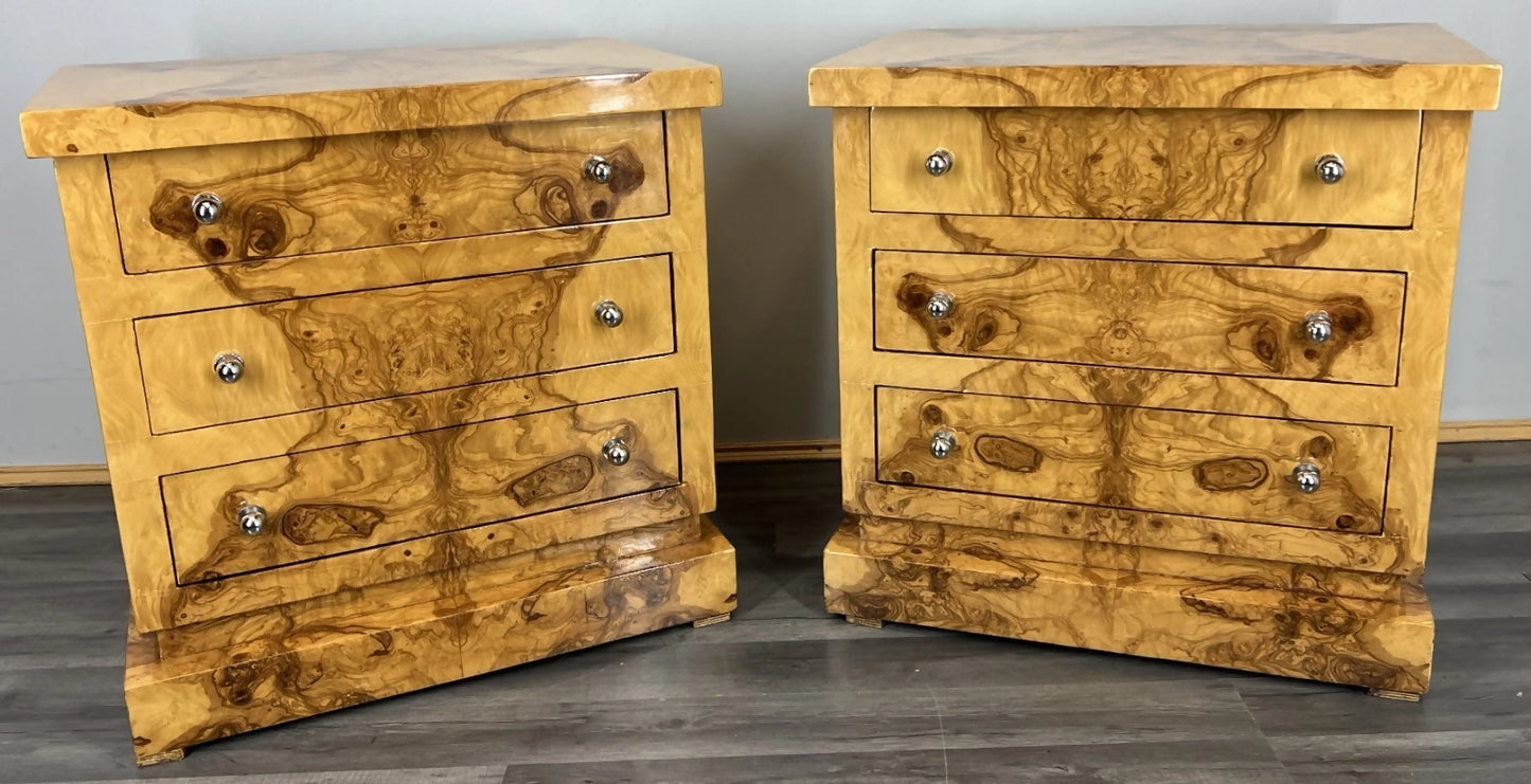 Vintage French Art Deco Burr Bedside Tables Pair | 3 Drawer Nightstands | French Design | Nickel Knobs | Elegant Veneer Finish | Lot 4233