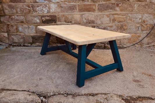 Solid Wood Farmhouse Coffee Table | Handcrafted Rustic Coffee Table with Natural Top & Navy Painted Base