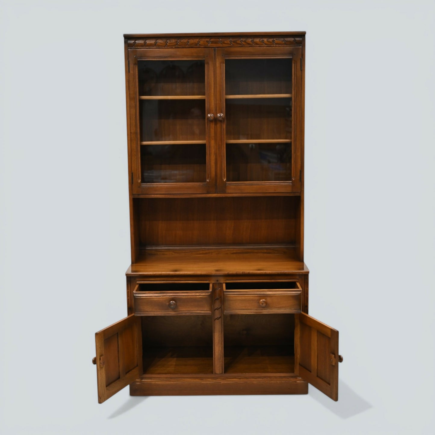 Ercol Mural Wall Unit Display Cabinet Glass Doors Golden Dawn FREE UK Delivery
