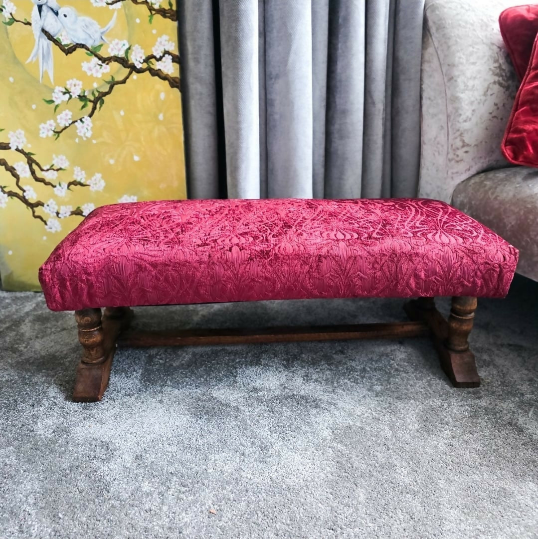 Antique Oak Hearth / Fender / Foot Stool / Bench. Oak Wood Frame, Legs and Stretcher. Reupholstered in an Art Nuveaux Chenille.