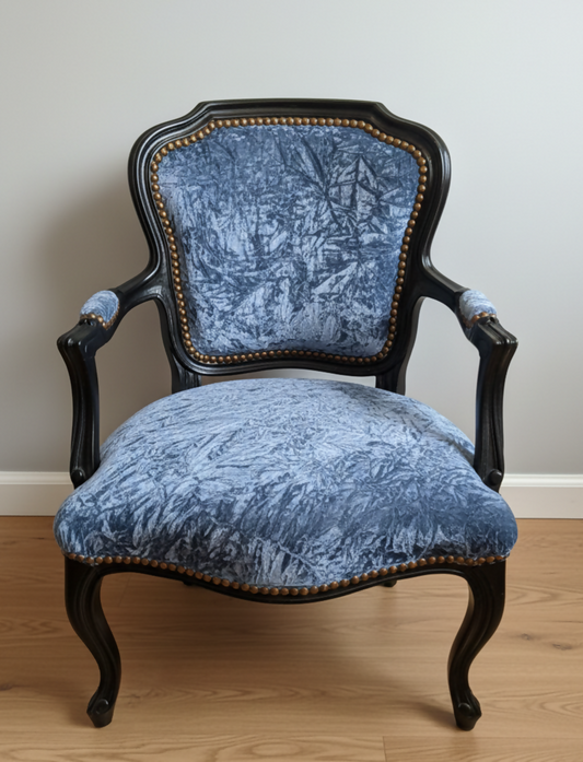 Louis XV Rococco Style Vintage Antique Chair Blue Crushed Velvet