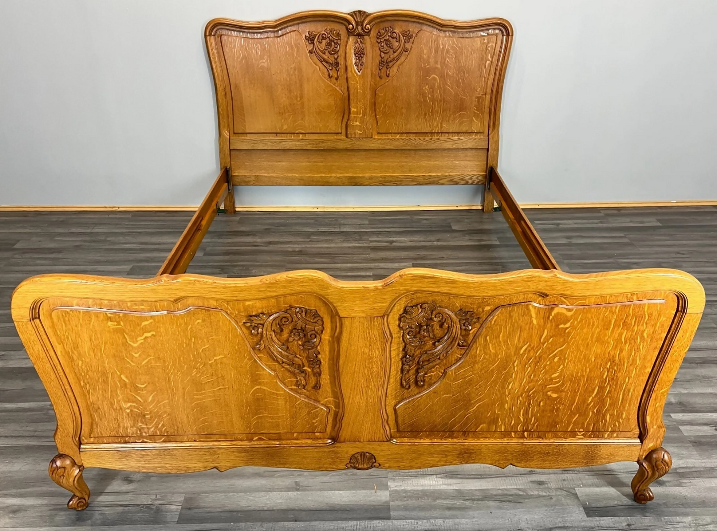Bed Antique French Louis XVI Oak Double Bed Frame Carved Headboard LOT 3662