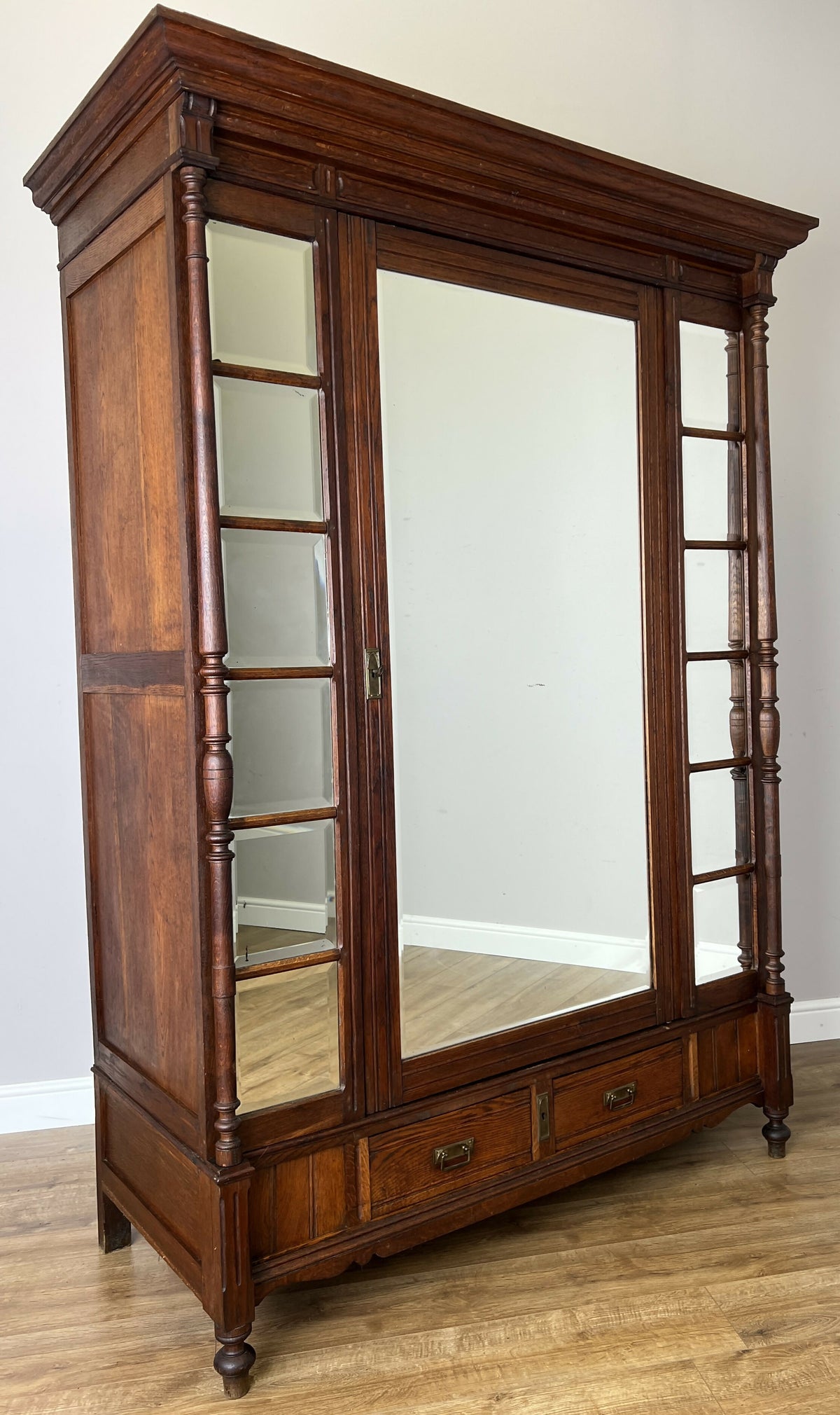 Wardrobe Antique French Style Oak Mirrored Two Drawers Carved Armoire LOT 6541